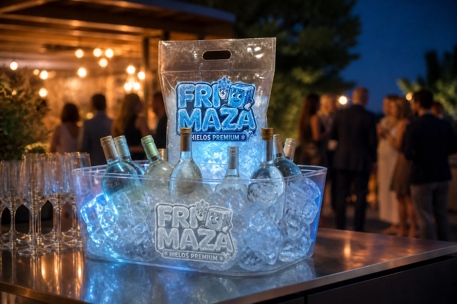 Hielera con hielo y bebidas en un evento nocturno