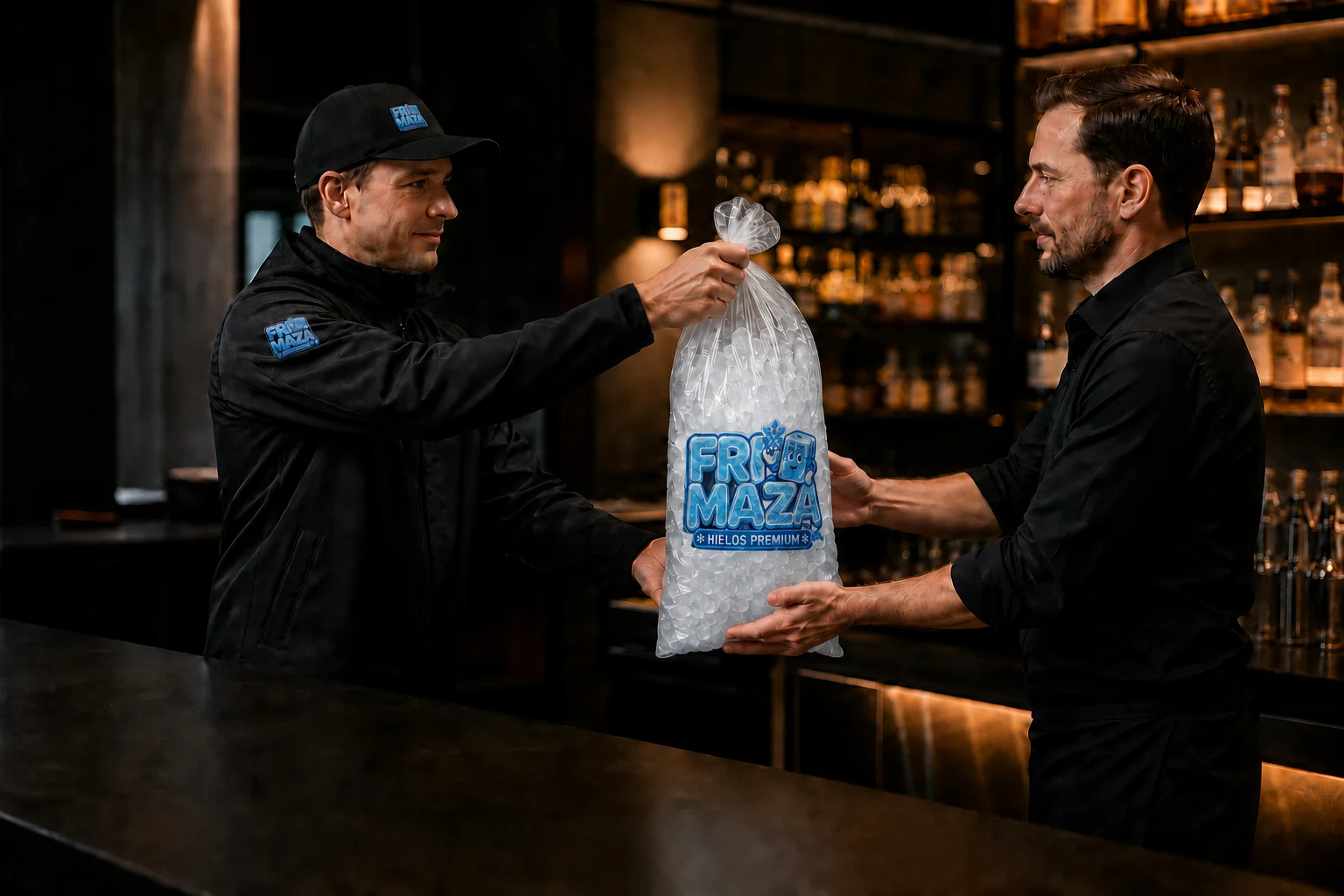 Entrega de una bolsa de hielo en una barra